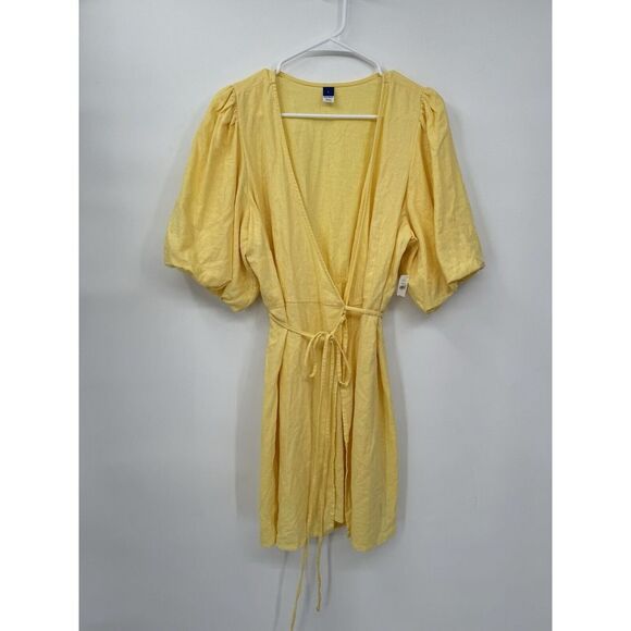 Old Navy Woman's Yellow Waist‎ Defined Puff Sleeve Mini Linen Wrap Dress, L - Picture 1 of 6